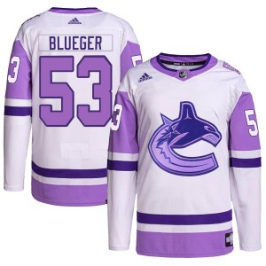 Youth Vancouver Canucks Teddy Blueger Adidas Authentic Hockey Fights Cancer Primegreen Jersey - White/Purple