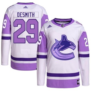 Men's Vancouver Canucks Casey DeSmith Adidas Authentic Hockey Fights Cancer Primegreen Jersey - White/Purple