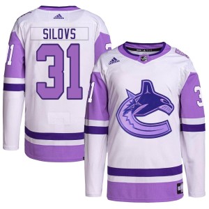 Men's Vancouver Canucks Arturs Silovs Adidas Authentic Hockey Fights Cancer Primegreen Jersey - White/Purple