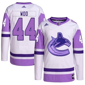 Men's Vancouver Canucks Jett Woo Adidas Authentic Hockey Fights Cancer Primegreen Jersey - White/Purple