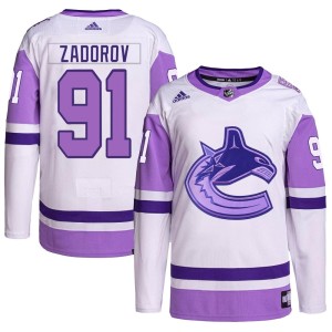 Men's Vancouver Canucks Nikita Zadorov Adidas Authentic Hockey Fights Cancer Primegreen Jersey - White/Purple